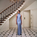 Spring Summer High Neck Sleeveless Tight Waist Pleating Twisted Sheath Long Fishtail Dress