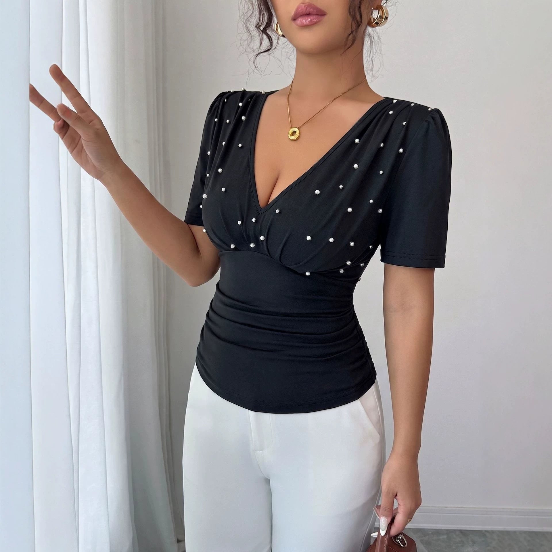 Summer V neck Handmade Pearl Solid Color Short Sleeve Slim T shirt Women