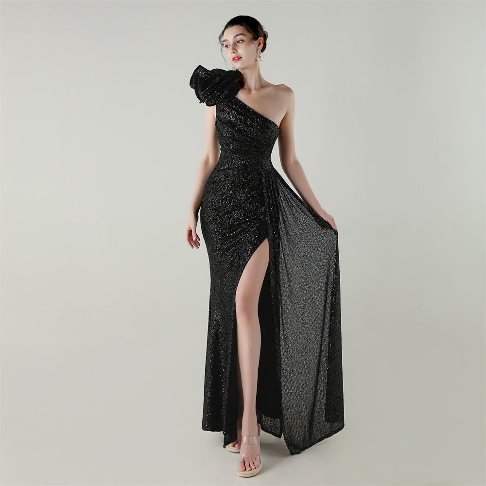 One Shoulder Sequin Craft Floral Beaded Slim Fishtail Evening Dress Award Ceremony High End Social Dress
