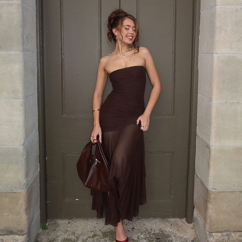 Women Clothing Spring Sexy Tube Top off Neck Mesh Stitching Dress