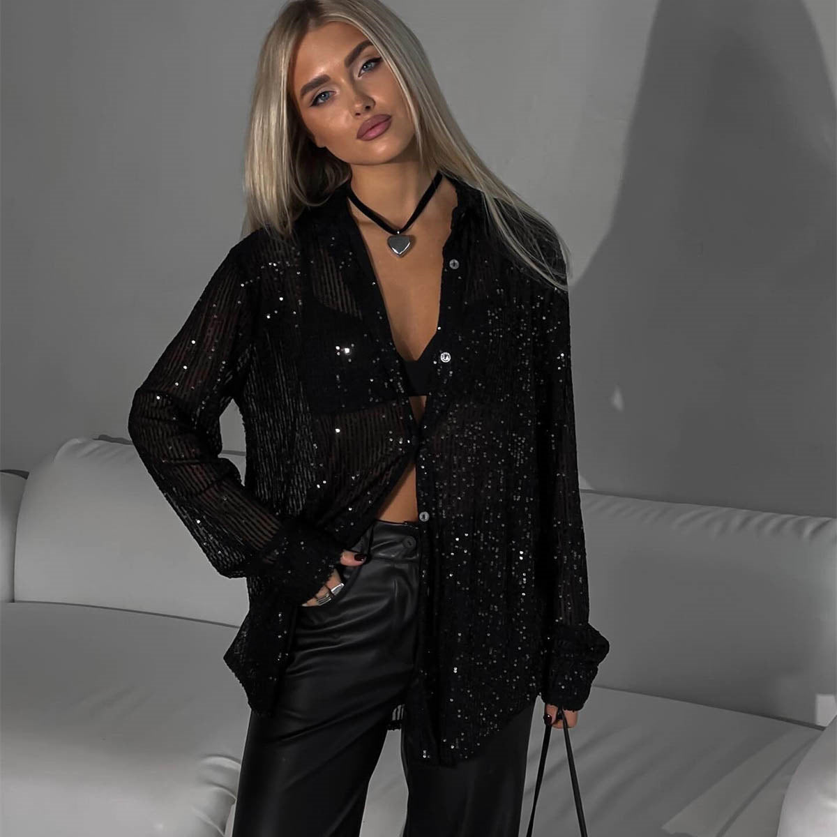 Spring Summer Sequin Top Collared Long Sleeve Cardigan Basic Women Clothing