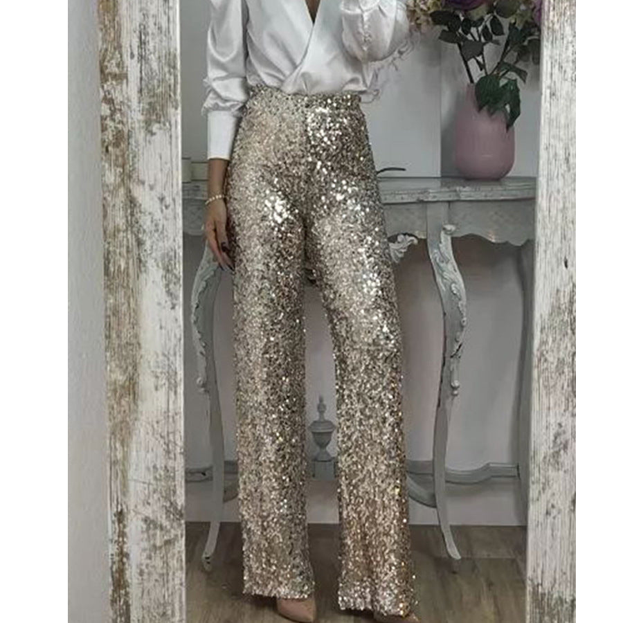 Spring Summer Party Sequ Bell Bottom Pants Casual Slim Elastic Multi Color Bell Bottom Pants