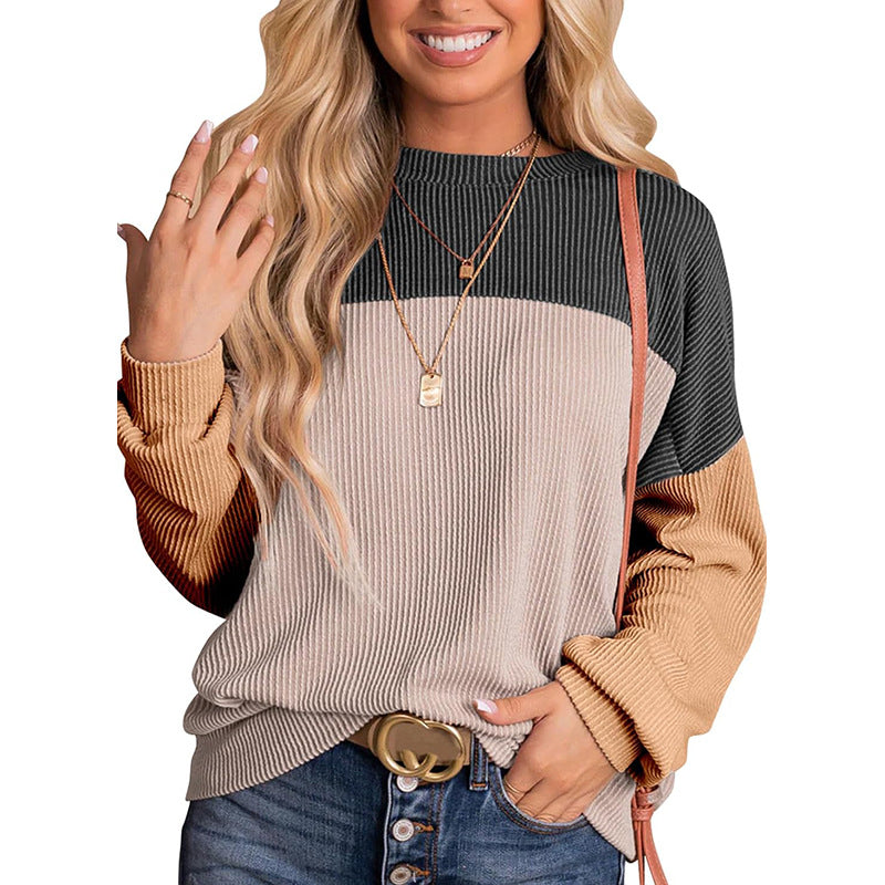 Autumn Winter Casual Striped Multi Color Mosaic Sweatshirt for Women