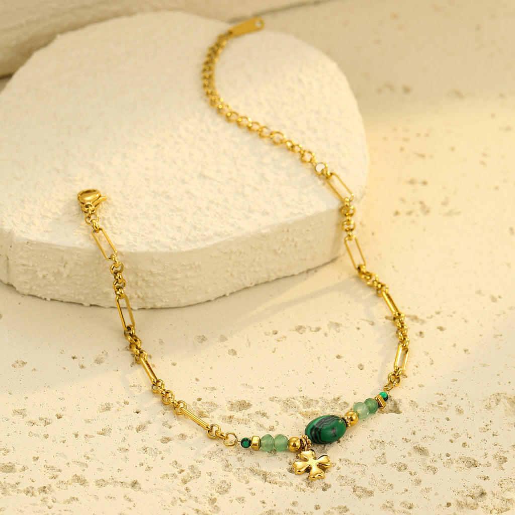 Stainless Steel Natural Stone Lapis Four-Leaf Clover Embellished Bracelet Women Titanium Steel Jewelry