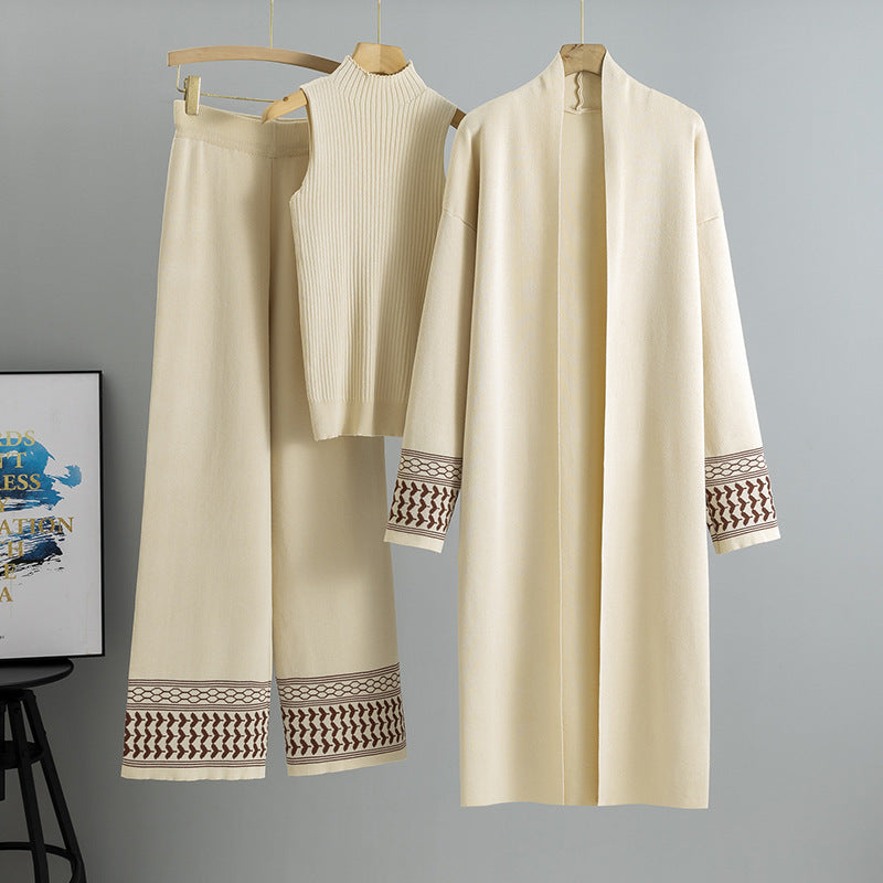 Autumn Winter Middle East Elegant Graceful Cardigan Robe Knitted Wide Leg Pants Three Piece Set for Women