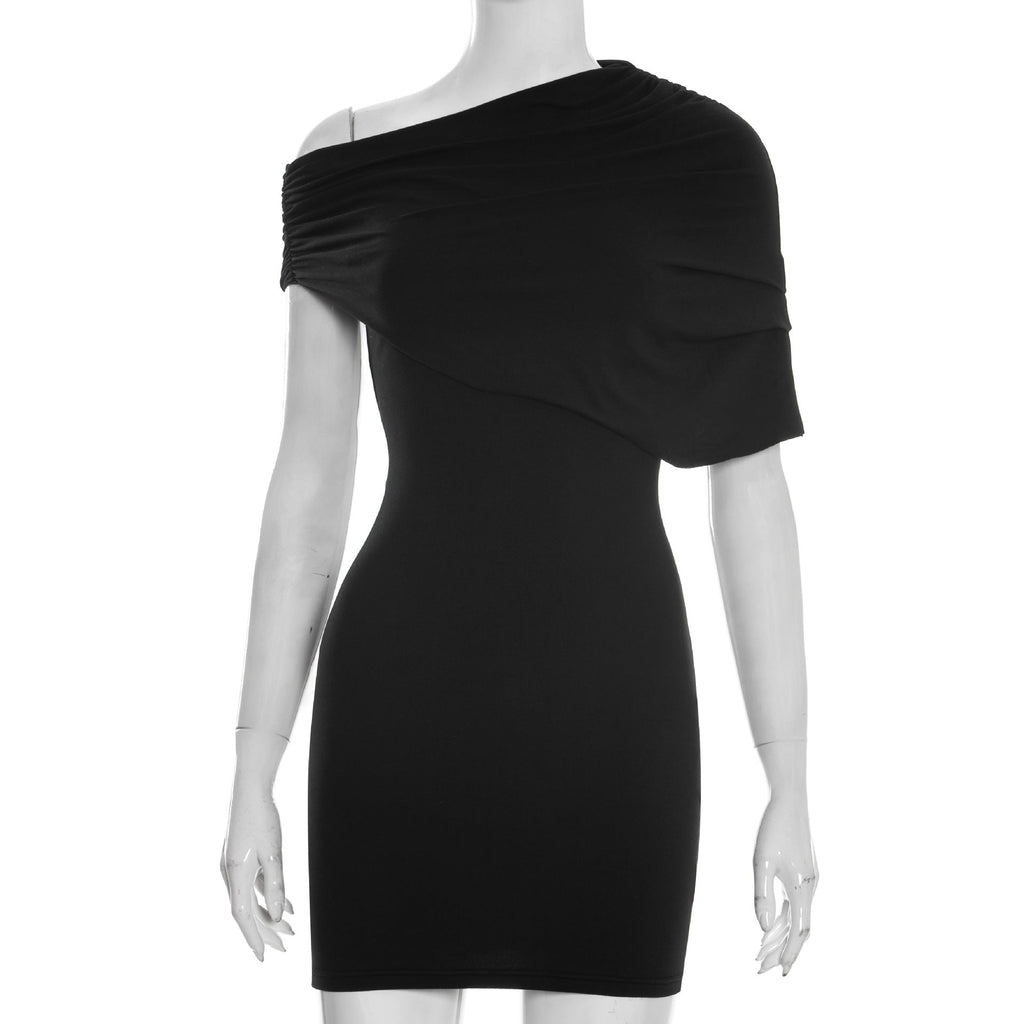 Spring Women Clothing Solid Color Asymmetric Slim Fit Oblique Shoulder Dress Short Dress