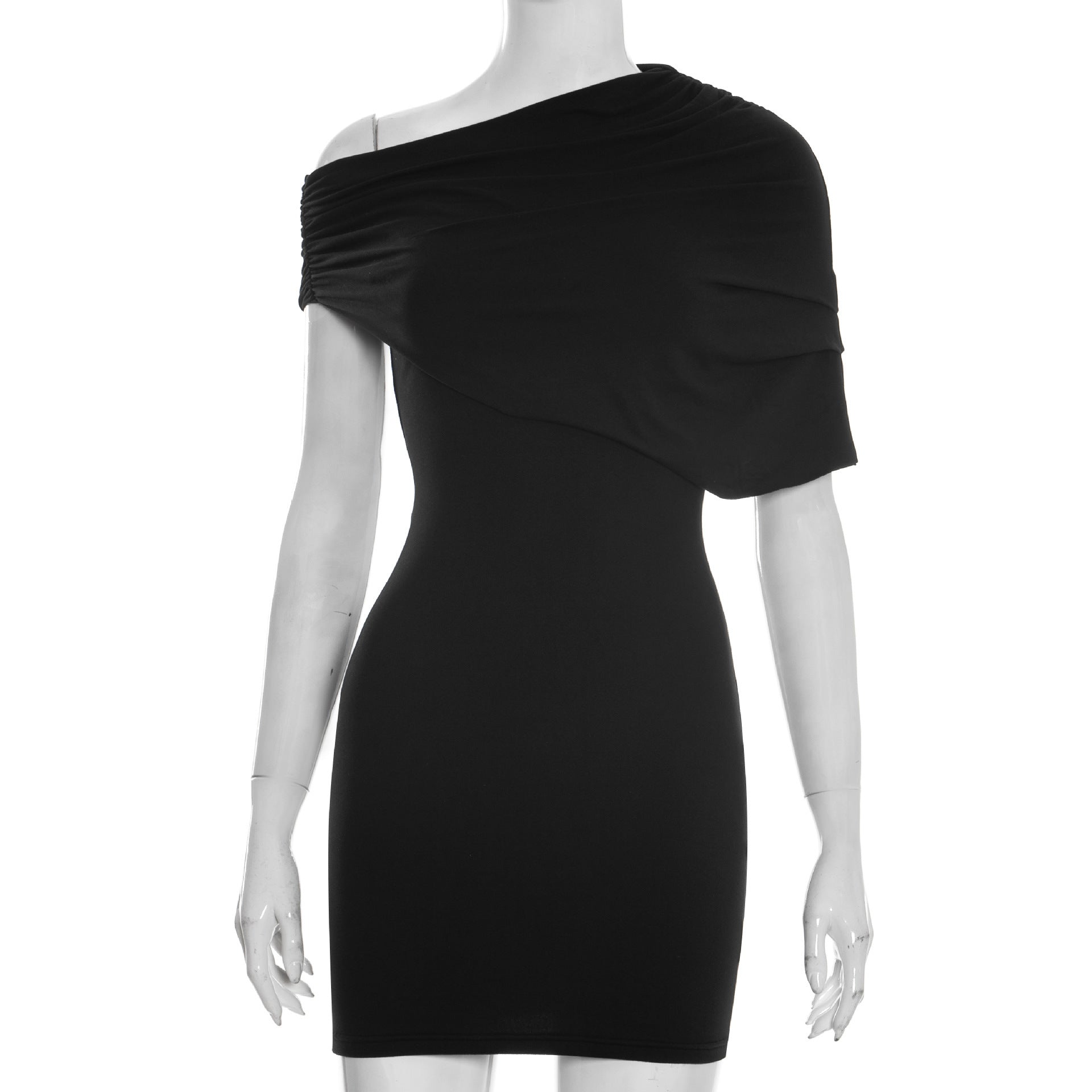 Spring Women Clothing Solid Color Asymmetric Slim Fit Oblique Shoulder Dress Short Dress