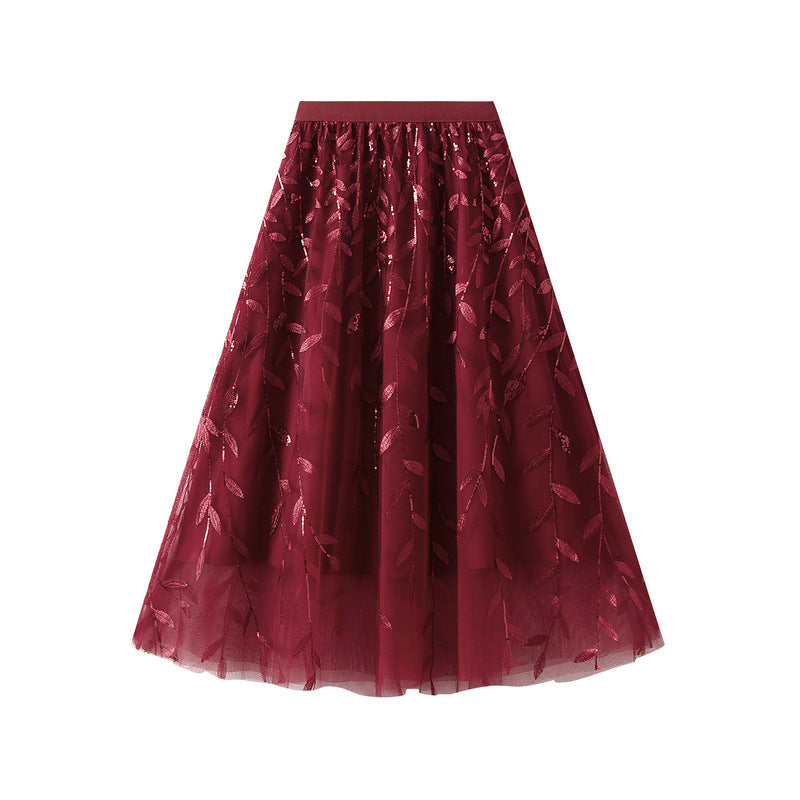 Glitter Leaves Embroidered Long Skirt A line Drape Large Swing Tulle Skirt All Match Fairy Dress