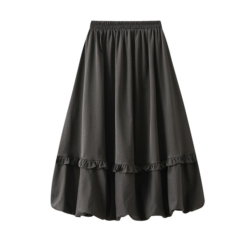 Elastic Waist Wooden Ear Pleated Bud Mid-Length Dress Women Autumn Cover Slimming All Matching Skirt