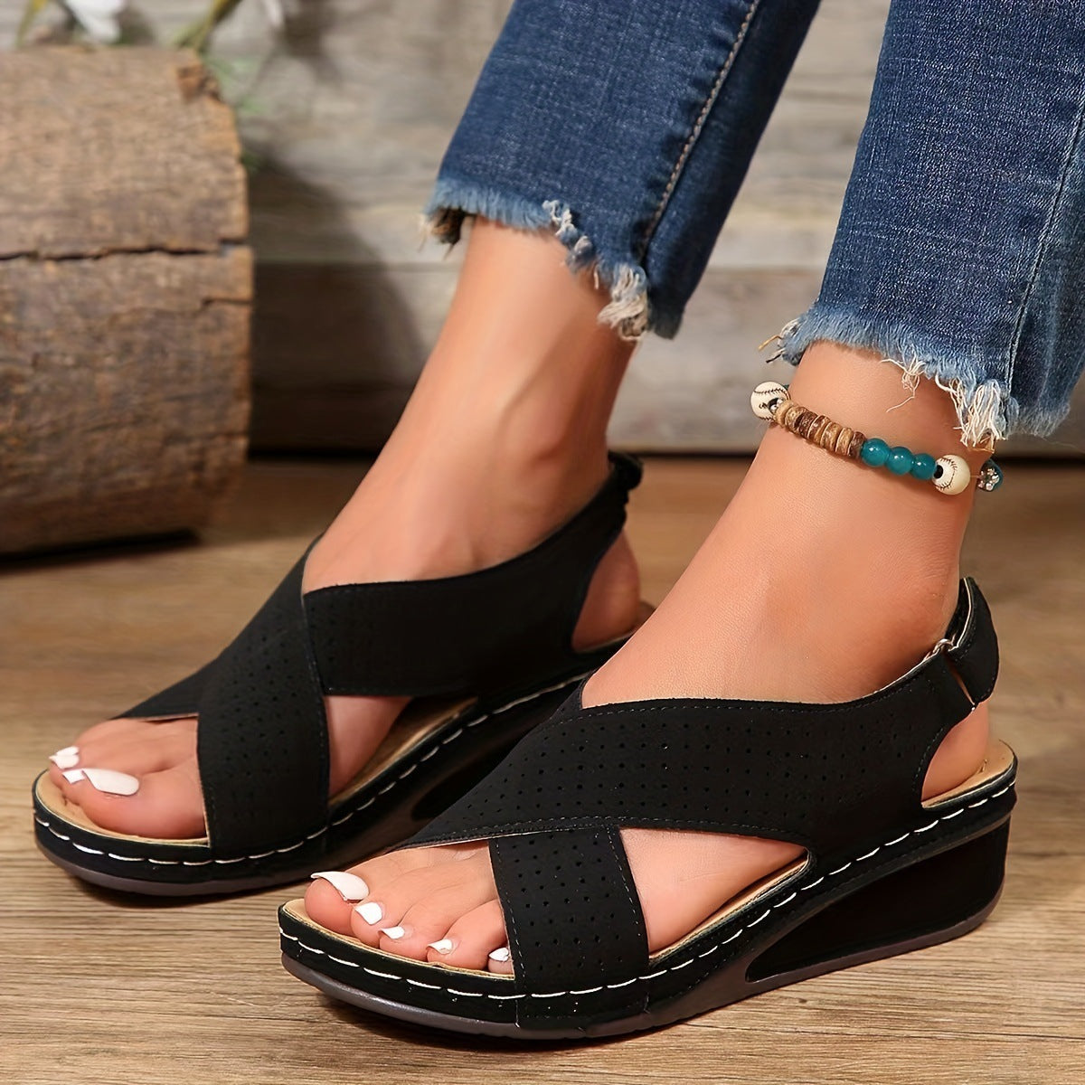 Hollow Out Cutout out Cross Strap Platform Sandals Women Velcro Solid Color Lightweight Wedge Beach Sandals