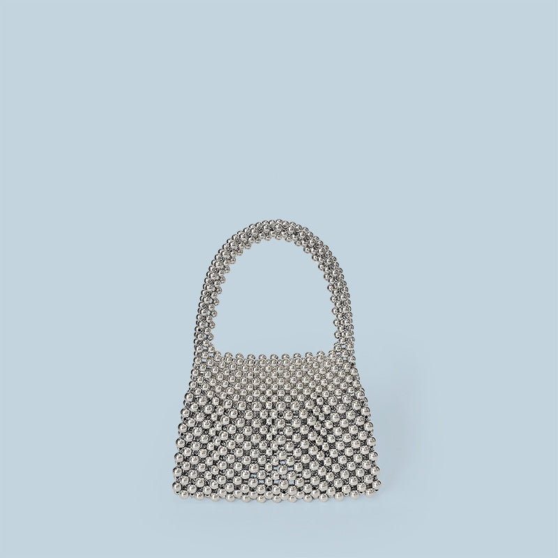 Celebrity Same Niche Vintage Metal Portable Bright Silver Generous Handmade Beaded Production Sparkle Silver Pearl Bag