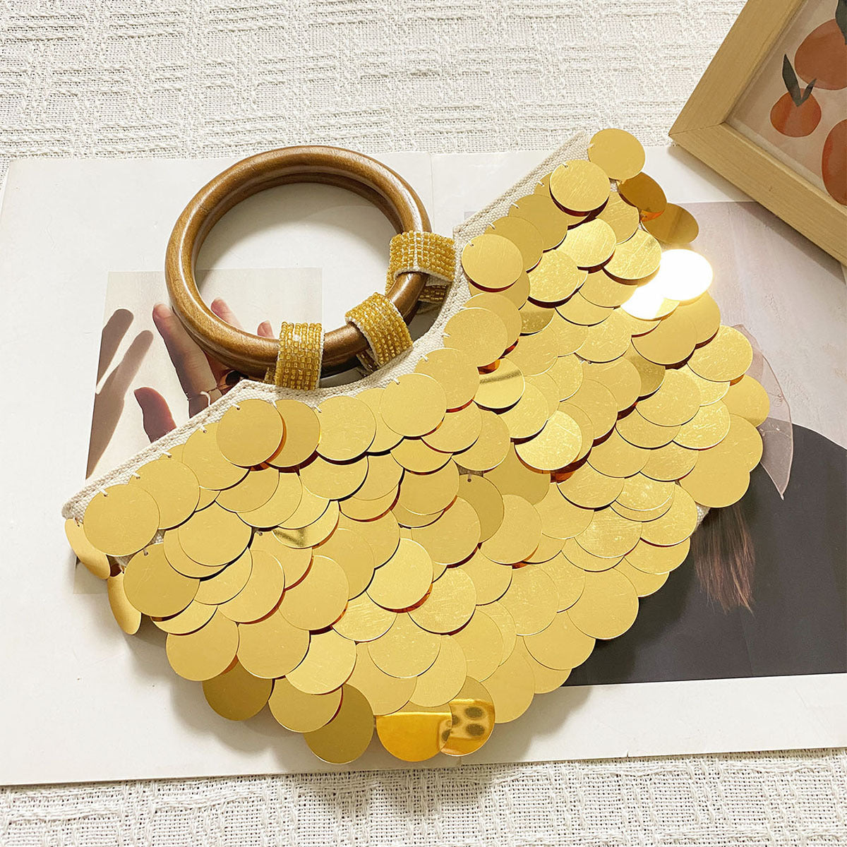 Spring Summer Colorful Shell Sequ Hand Woven Scale Silver Paillette Dinner Handbag