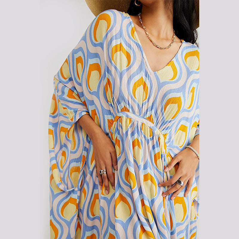 Summer Beach Dress Women Casual Vacation Printed Pullover Bikini Swimsuit Blouse Sun Protection Clothing