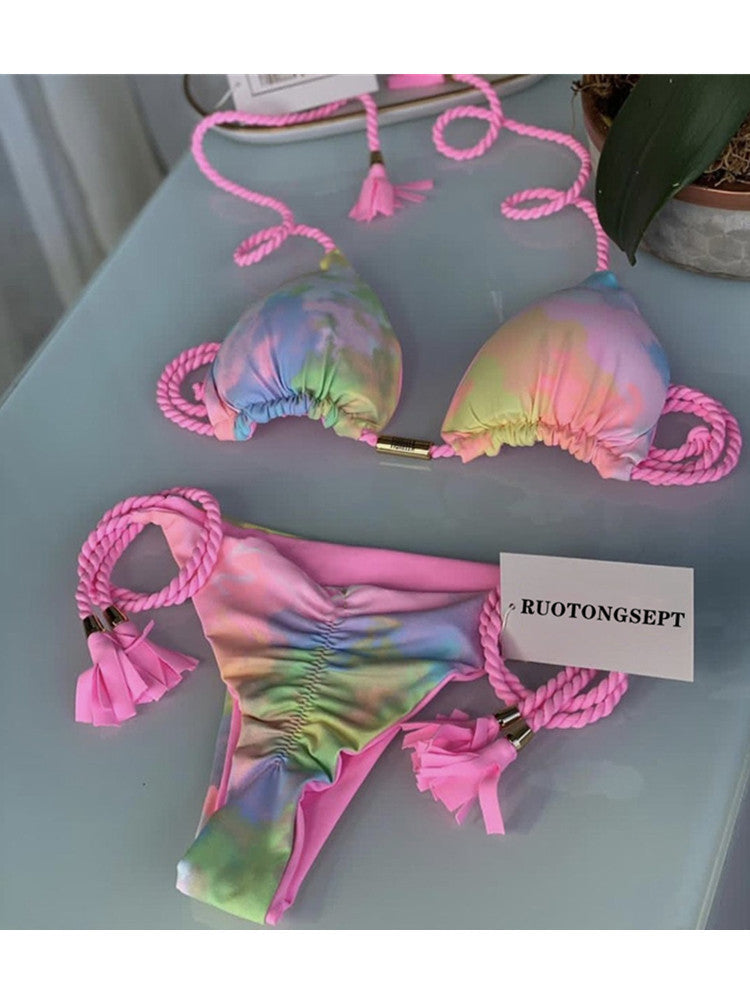 Bikini Soft Bag Low Waist Braid Rope Printed Women Seperated Swimwear Multi Color Swimsuit