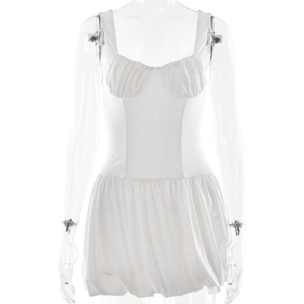 Strap Tube Top Dress Sexy Waist Trimming Solid Color Pleated Sleeveless Dress