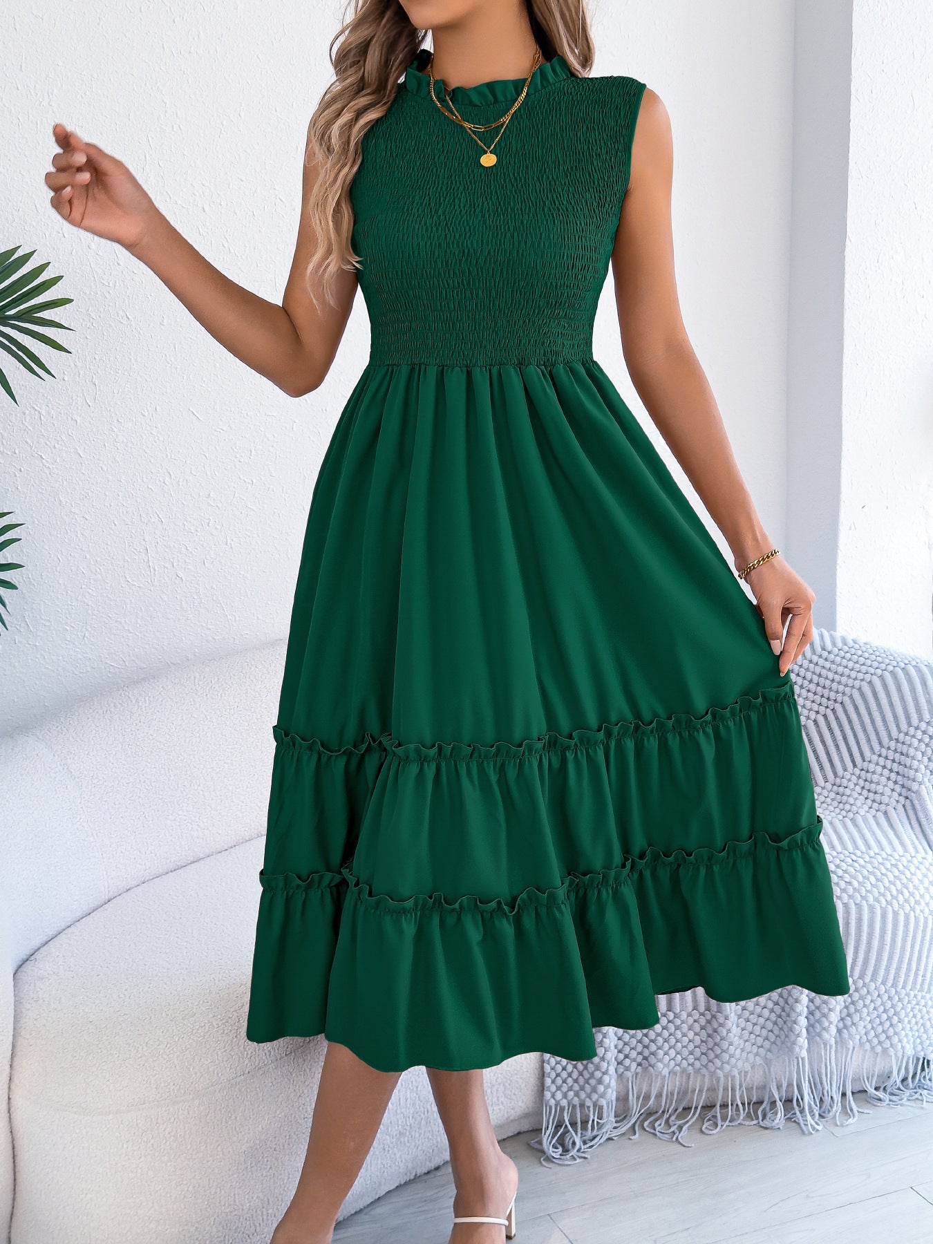 Spring Summer Casual Sleeveless Smocking Waist Tight Wooden Ear Large Swing Dress Independent Stand Women Clothing