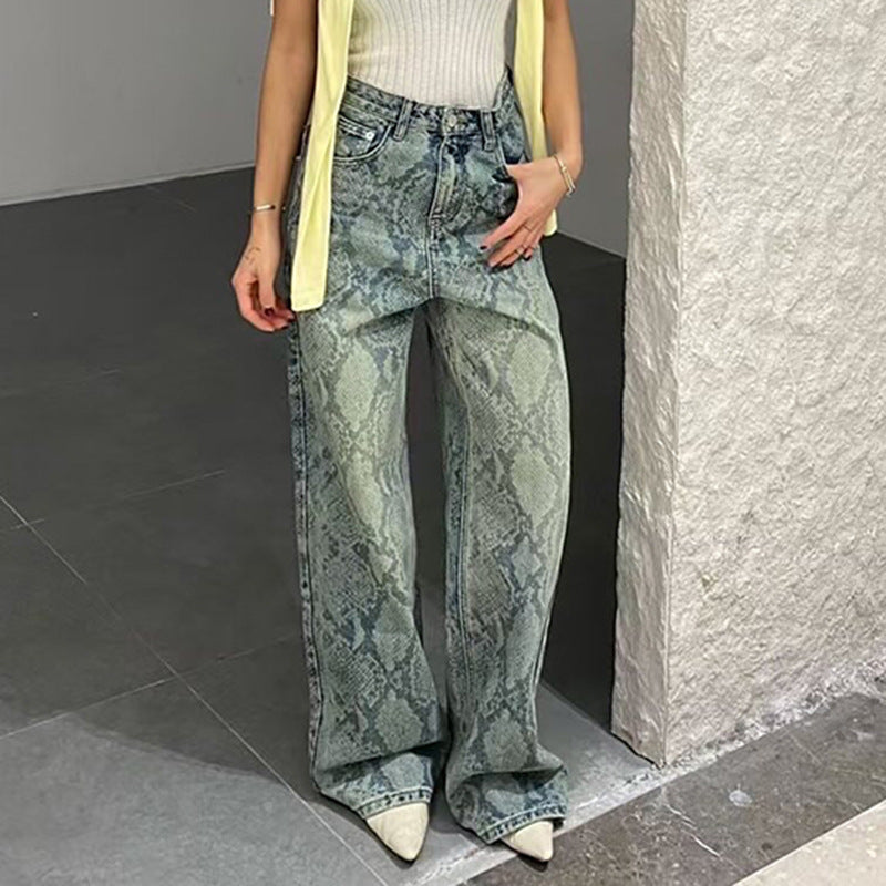 Casual Street Snake Print Jeans Women Autumn High Waist Slimming Washed Drooping Straight Pants