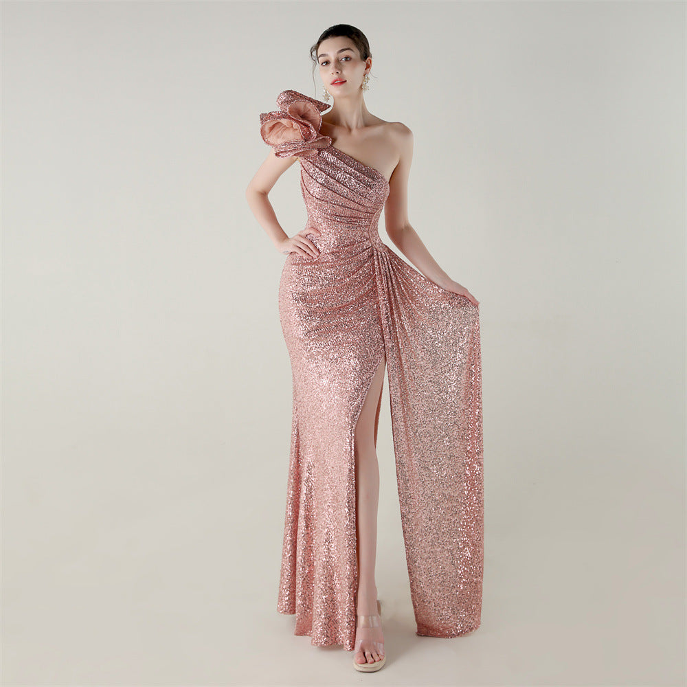 One Shoulder Sequin Craft Floral Beaded Slim Fishtail Evening Dress Award Ceremony High End Social Dress