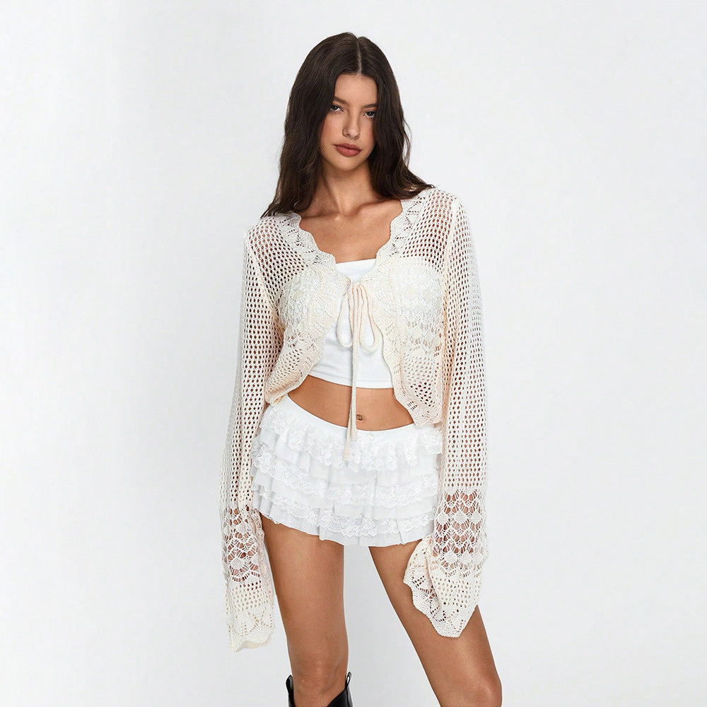 Blouse V neck Lace up Cropped Knitted Sweater Women Hollow Out Cutout Long Sleeved Sun Proof Cardigan Coat
