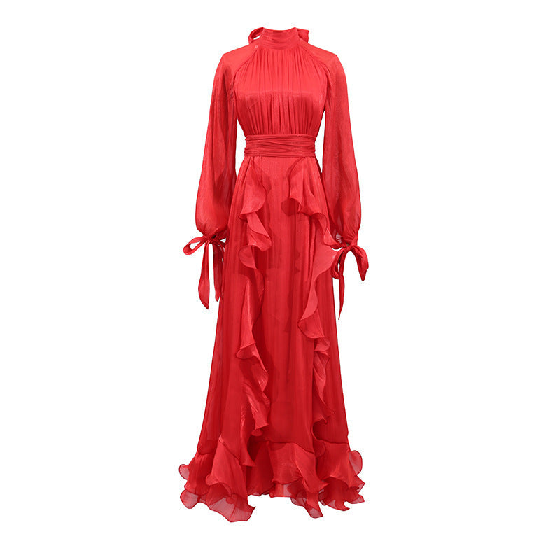 French Elegant Socialite Fairy Dress Summer Stand up Collar Puff Sleeve Pleated Waist Tight Dress Women