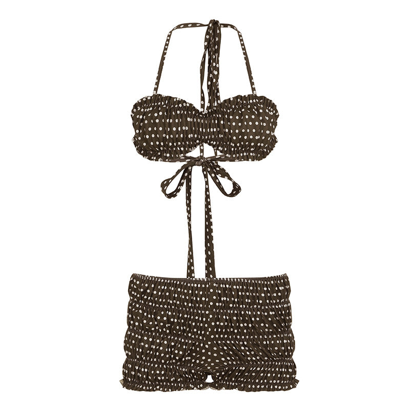 Summer Vacation Sexy Backless Lace up Swimsuit Bikini Women Polka Dot Pleated Corset Sling Boxer Shorts Two Piece Sets