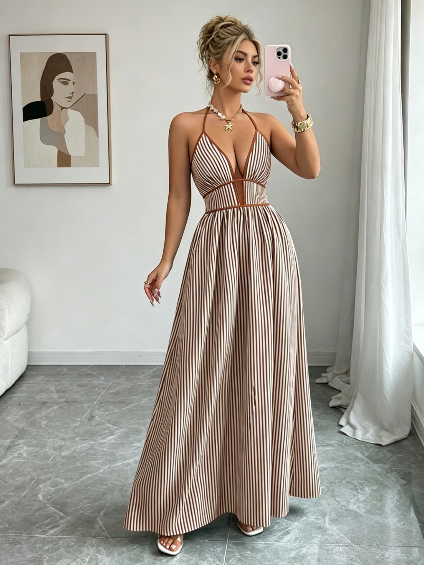 Casual Sleeveless Halter Fitted Waist Striped Color Matching Long Maxi Dress