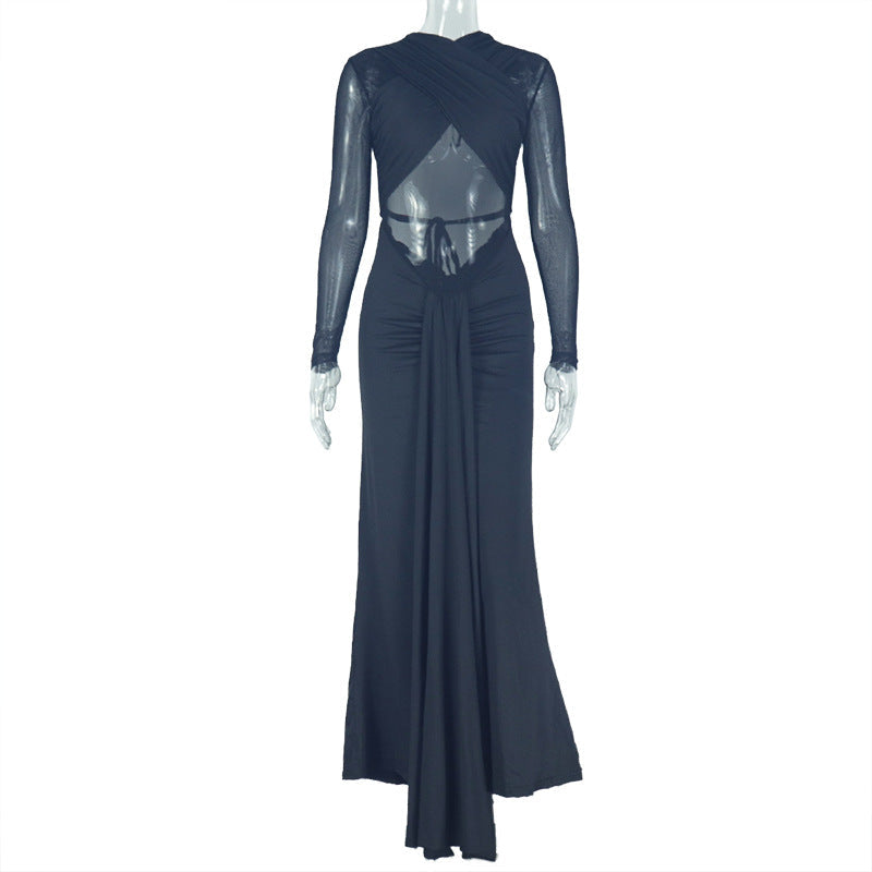 Elegant Simple Women Clothing Sexy Slim Hip Micro Transparent One Step Solid Color Pleated Wrapped Chest Length Dress
