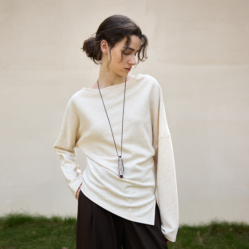 Cotton Linen Knitted off Shoulder T shirt Autumn Winter Side Slit Asymmetric Hem Top Niche Linen Sweater