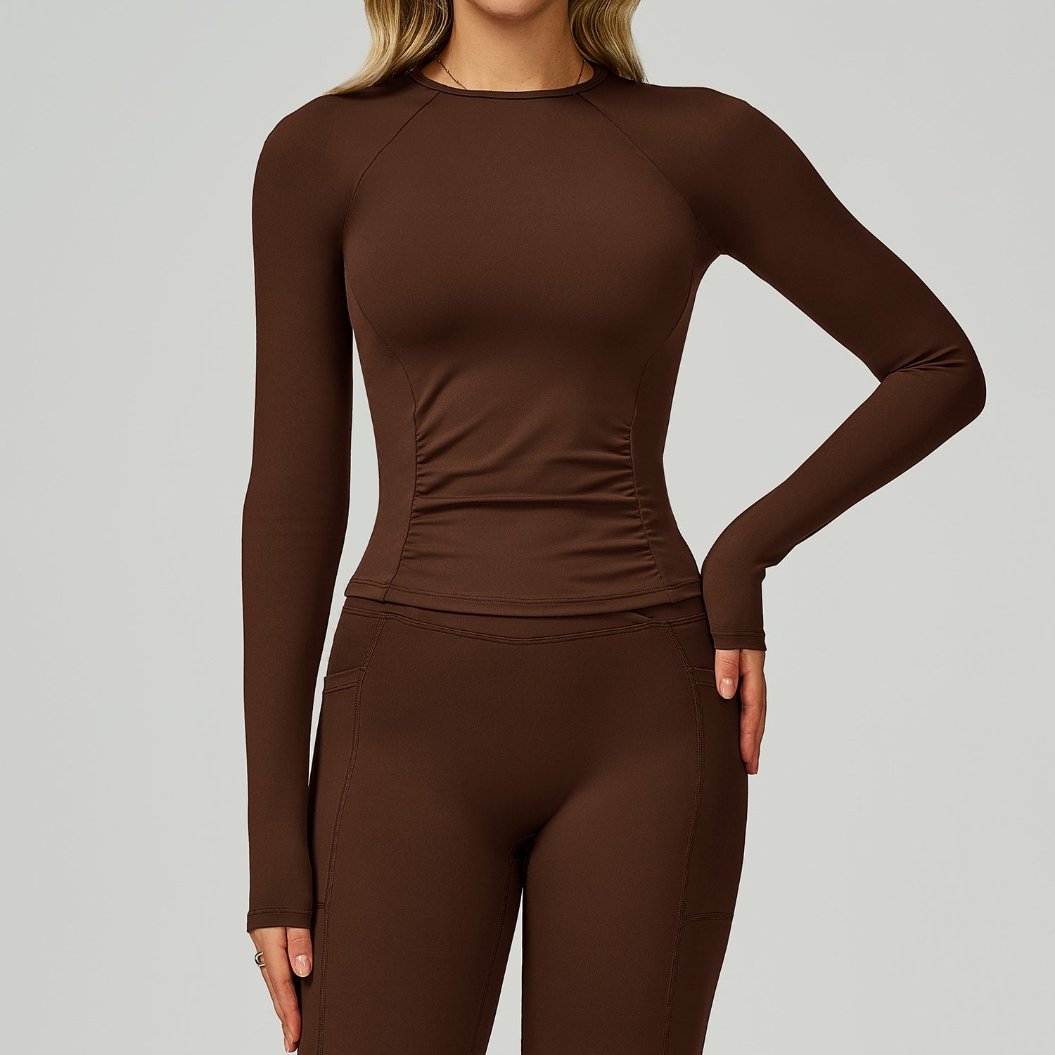 Sollinarry Nude Feel round Neck Yoga Long Sleeve Slim Fitting Belly Contracting High Sense Sports Top Outdoor Running Fitness Clothes