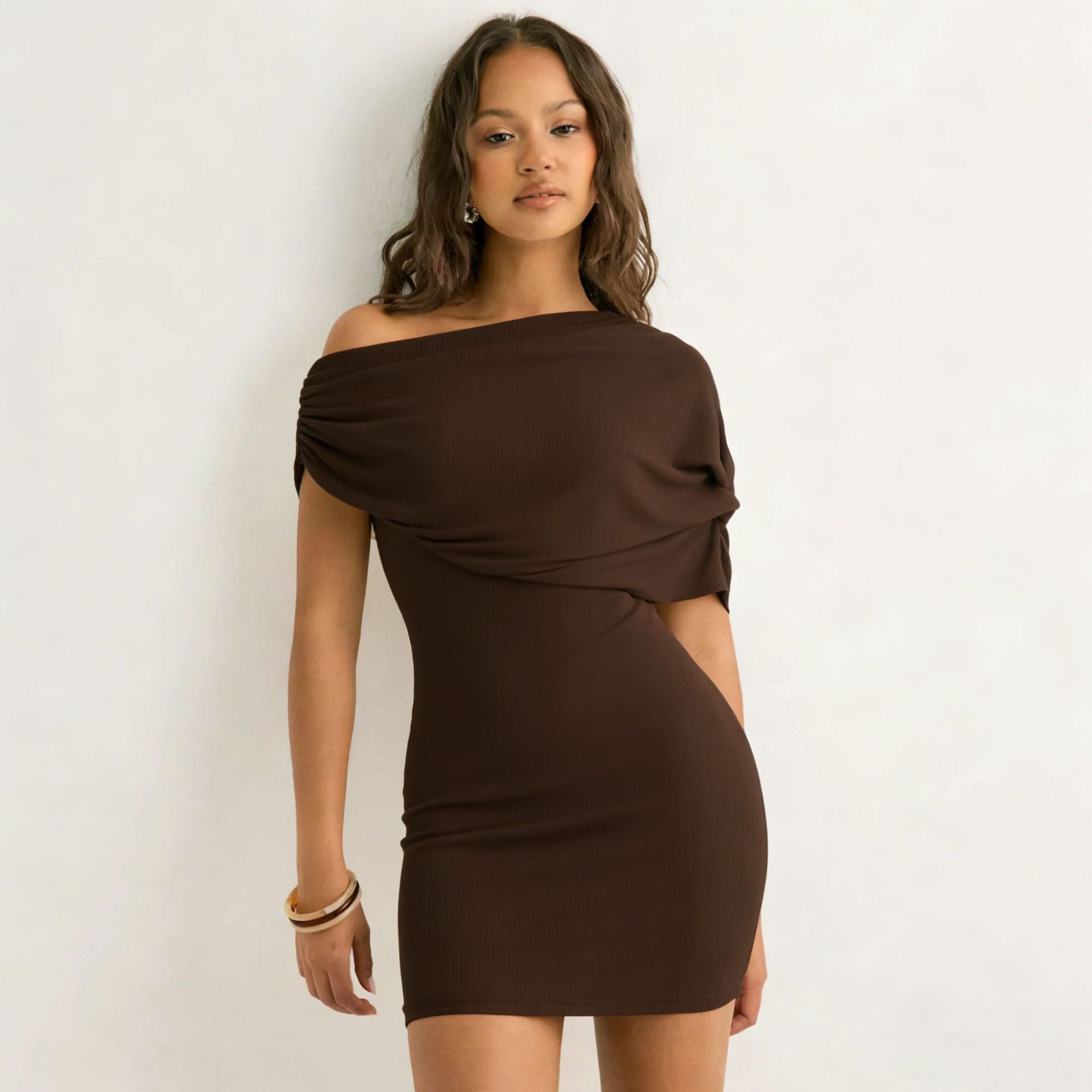 Spring Women Clothing Solid Color Asymmetric Slim Fit Oblique Shoulder Dress Short Dress