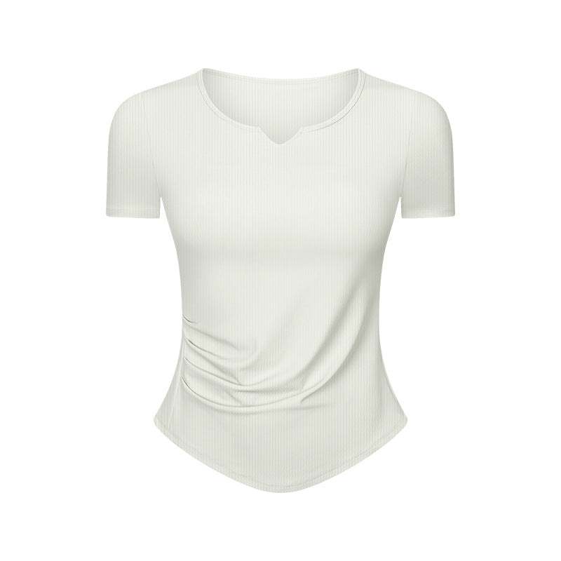 Stripe Rib Pleated Small V neck Sports Short Sleeve Women Fitness Running Slim Slimming Yoga Jacket