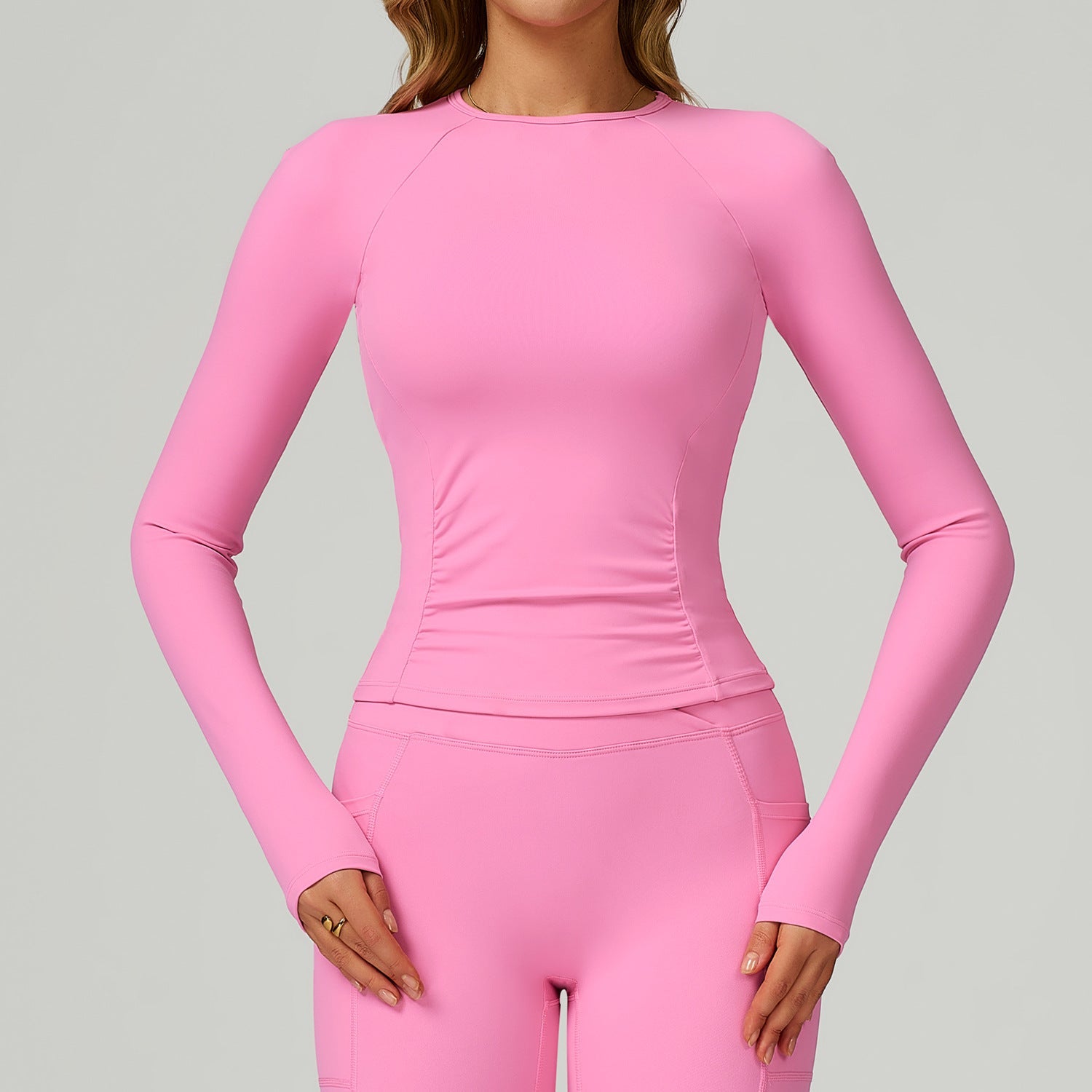 Sollinarry Nude Feel round Neck Yoga Long Sleeve Slim Fitting Belly Contracting High Sense Sports Top Outdoor Running Fitness Clothes