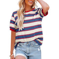 Summer Striped Loose Round Neck Short Sleeve T Shirt Women Casual Color Contrast