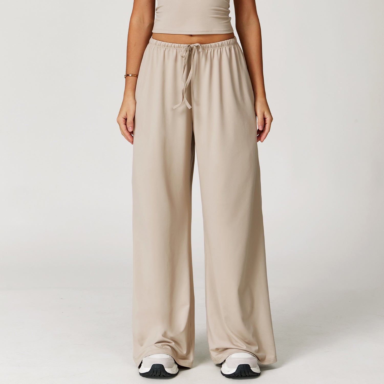 Sollinarry Brushed Trousers Embellished Wide Leg Loose Casual Pants Women Sports Fitness Elastic Drawstring Trousers