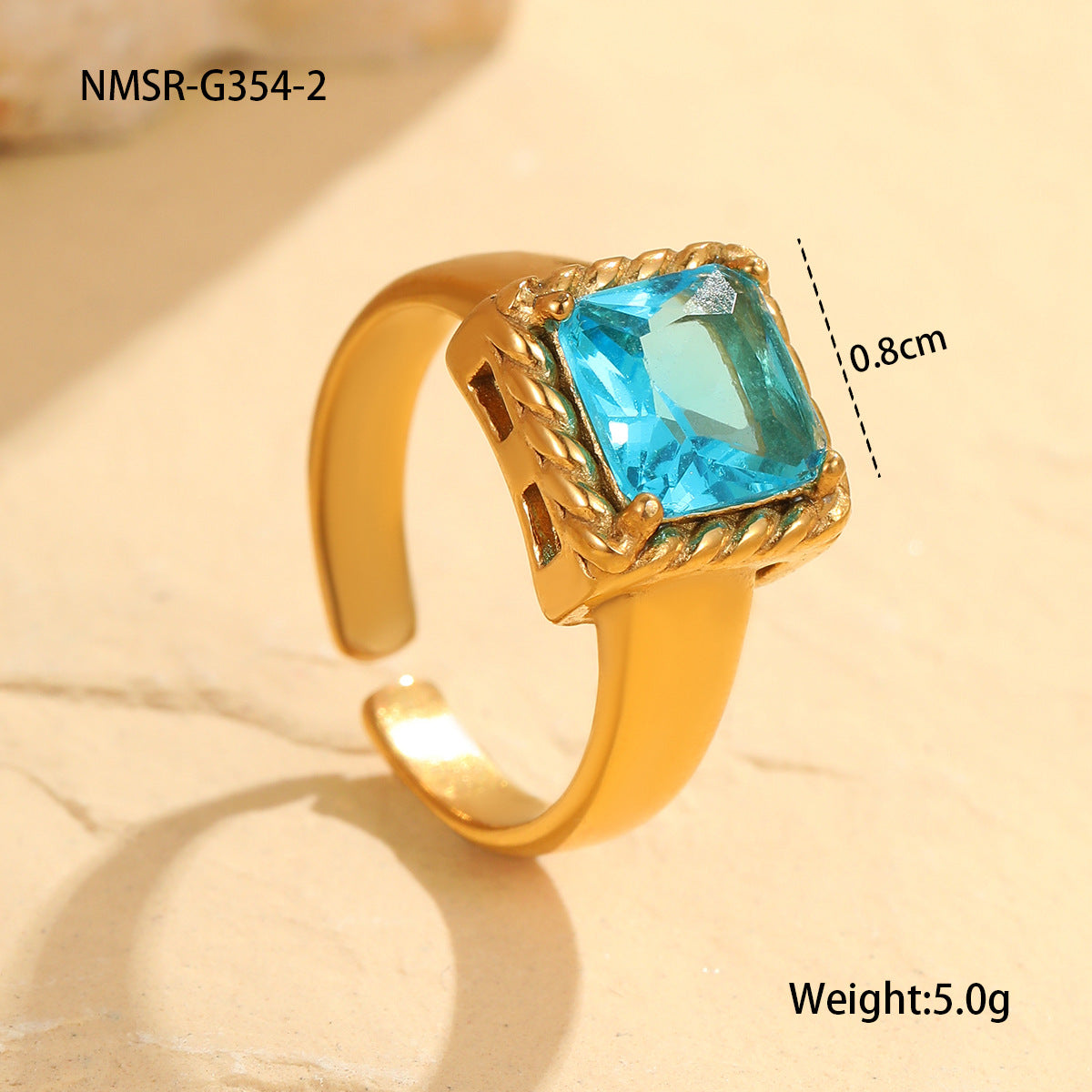 Entry Lux Color Square Open End Zircon Ring Stainless Steel 18K Gold Plating Vintage Modern Office Ring