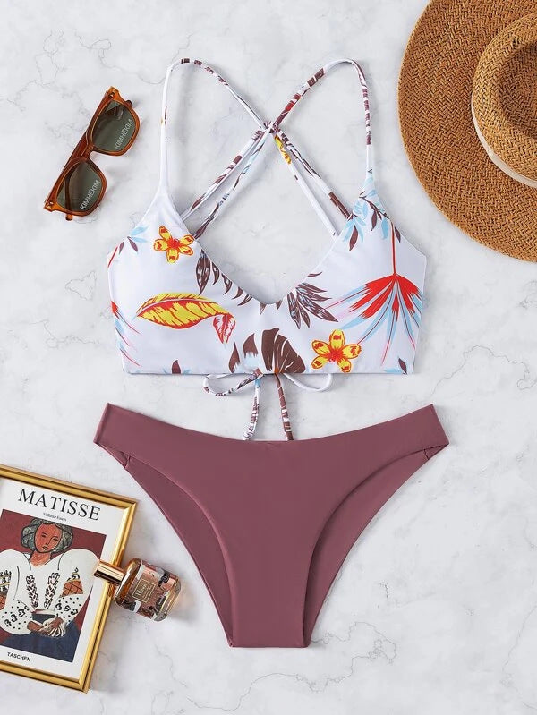 Bikini Swimsuit Criss Cross Split Floral Bikini U Shaped Decorative Swimming Tide Swimsuit