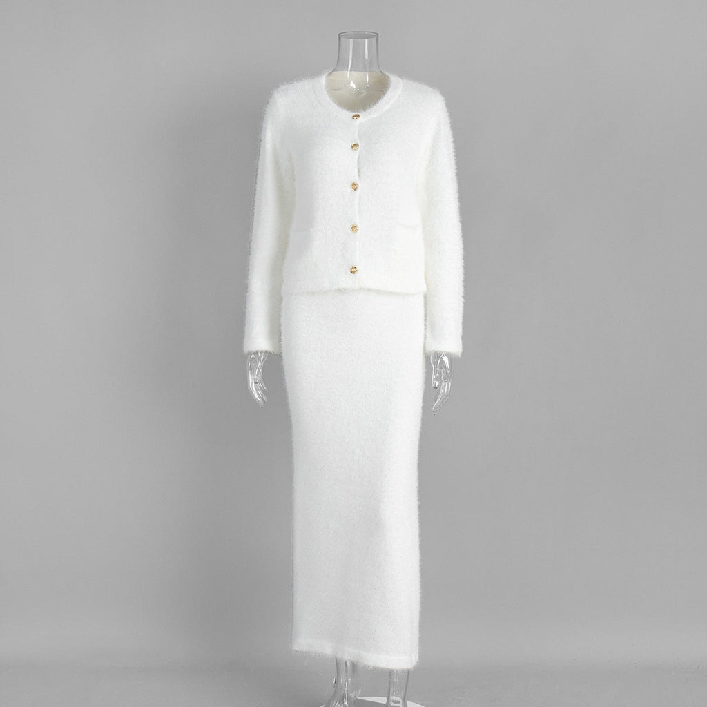Plush Long-Sleeved Skirt Set Autumn Winter Single Breasted Cardigan Skirt Set