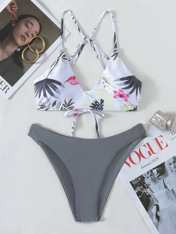 Bikini Swimsuit Criss Cross Split Floral Bikini U Shaped Decorative Swimming Tide Swimsuit