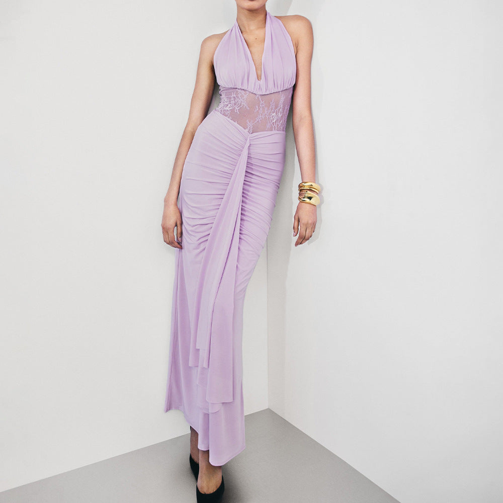 Elegant Deep V Plunge Halter Waist Slimming Maxi Dress Sexy Hollow Out Cutout out Backless Ribbon Dress