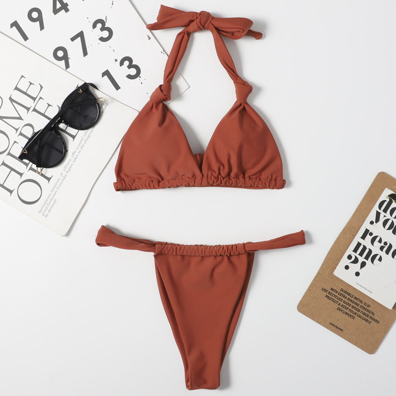 Nylon Double Sided Women Split Solid Color Sexy Bikini Halter Lace Up Triangle Bikini Swimsuit