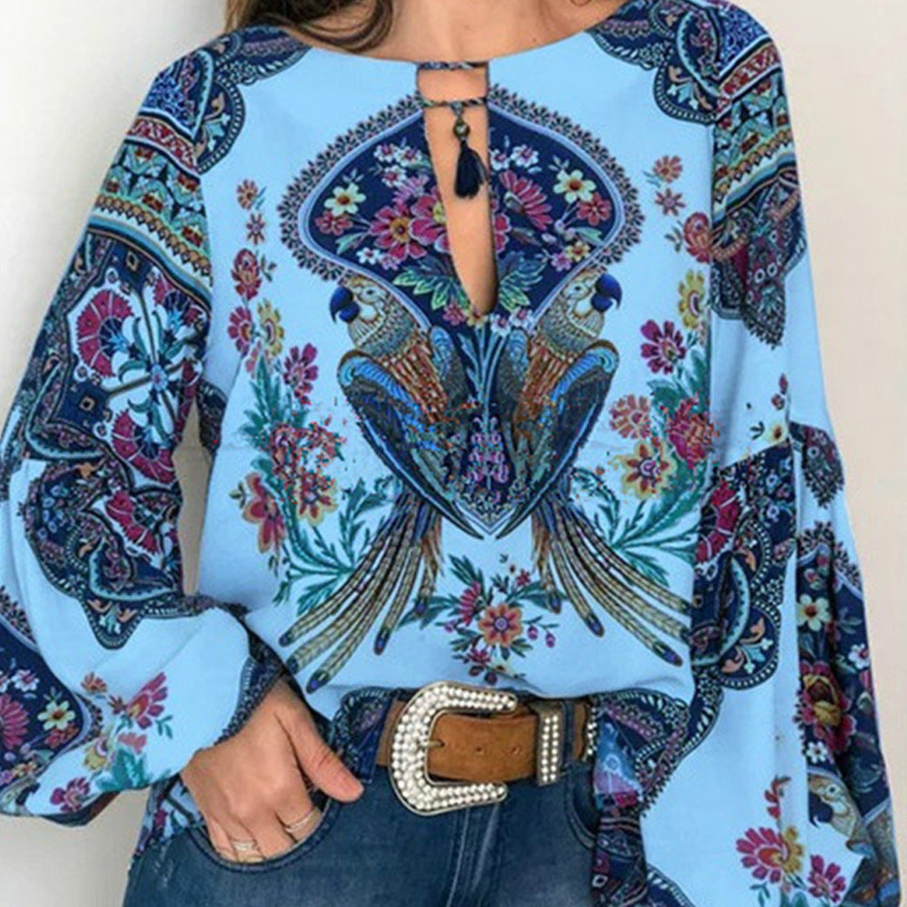 Spring Summer Women Clothing Special Women Clothing Digital Printed round Neck Lantern Sleeve Shirt