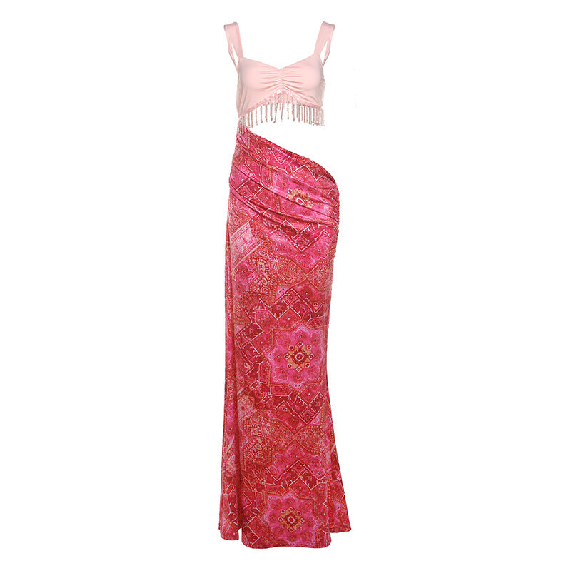 Summer Women Sexy Waist Hollow Out Cutout out Sheath Dress Tassel Cami Dress
