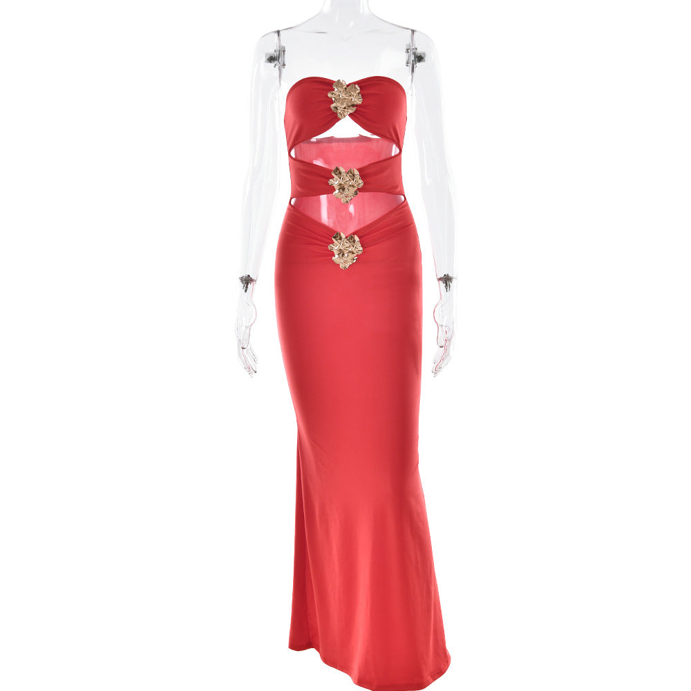 Summer Ladies Sexy Cutout Dress off Neck Metal Floral Sexy Slim Fit Maxi Dress