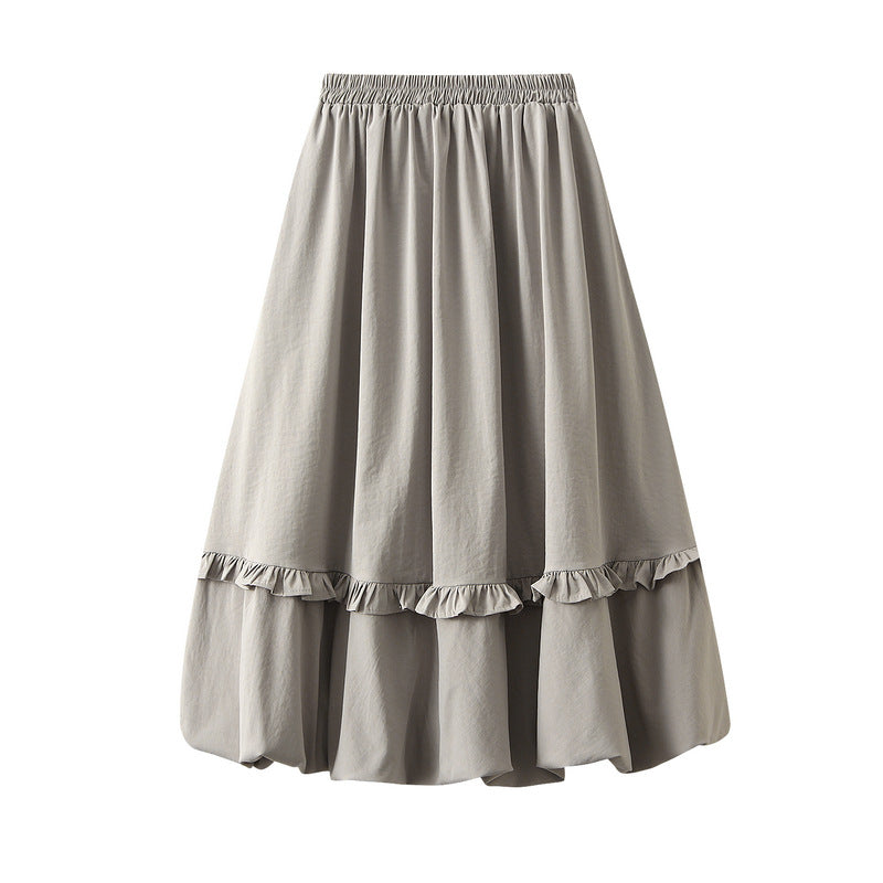 Elastic Waist Wooden Ear Pleated Bud Mid-Length Dress Women Autumn Cover Slimming All Matching Skirt