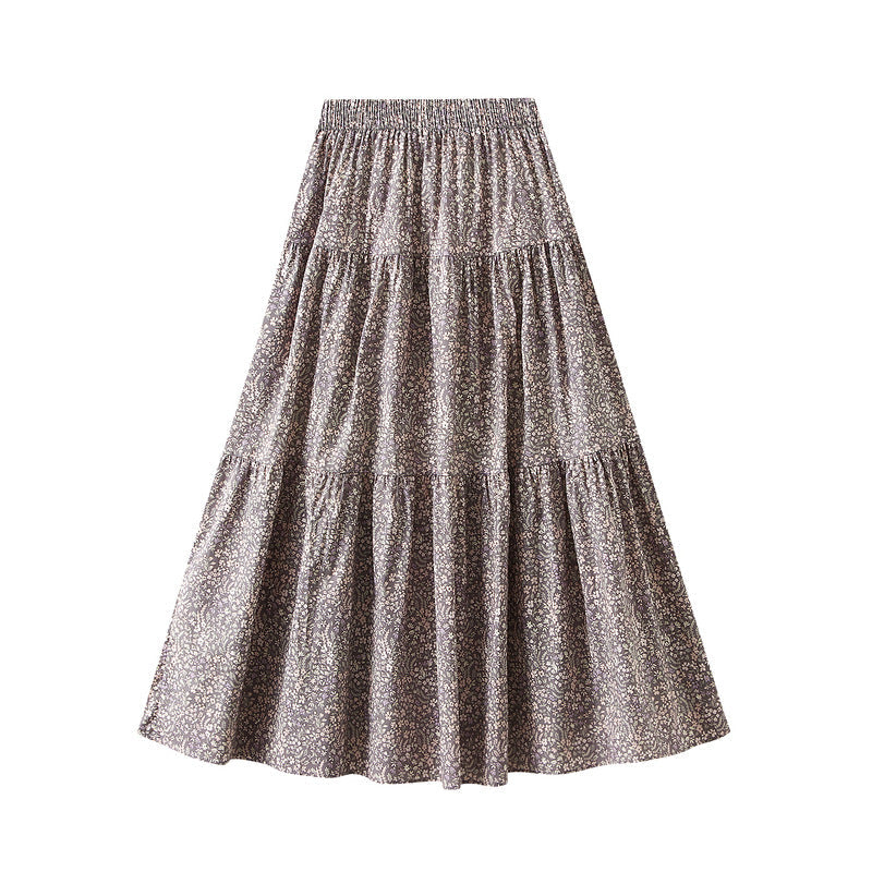 Sweet Floral Skirt Women Summer Series A line Elastic Waist Mid Length Big Hem Umbrella Skirt