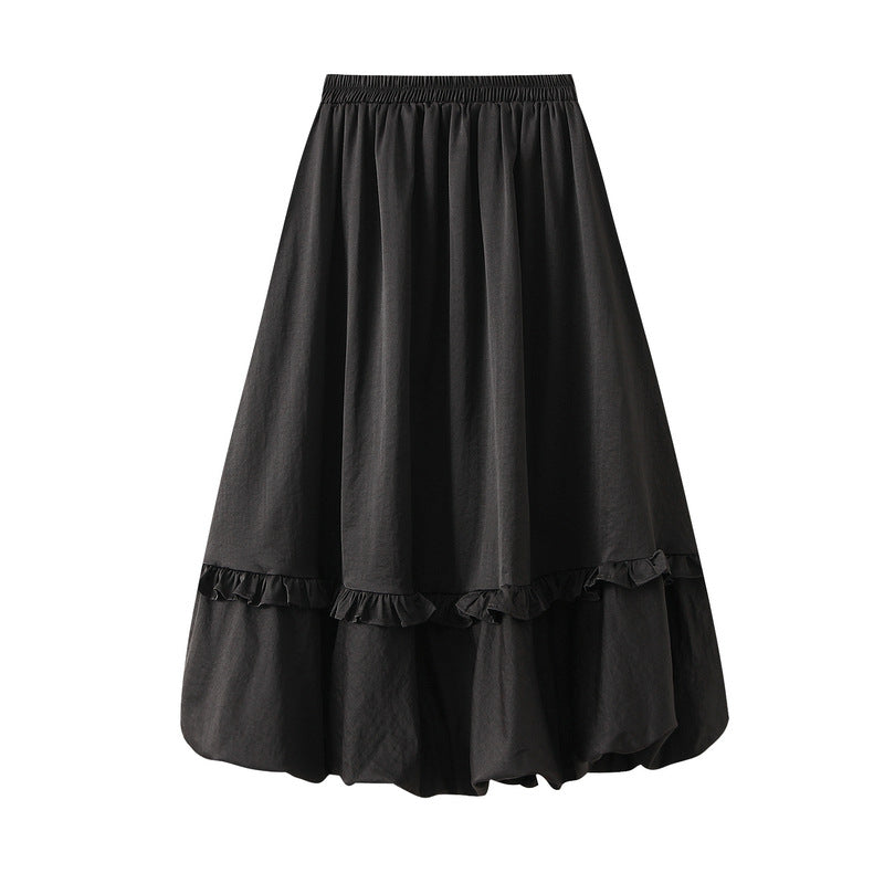 Elastic Waist Wooden Ear Pleated Bud Mid-Length Dress Women Autumn Cover Slimming All Matching Skirt