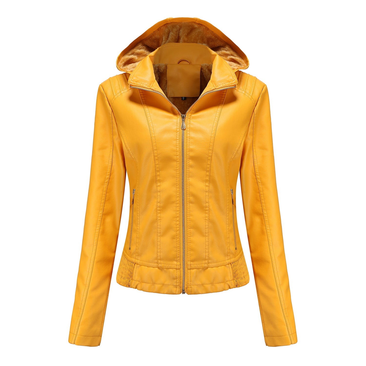 Fall Winter Hooded Leather Coat Women's Detachable Hat Long Sleeve Zipper Fleece-Lined Leather Jacket Slim Coat