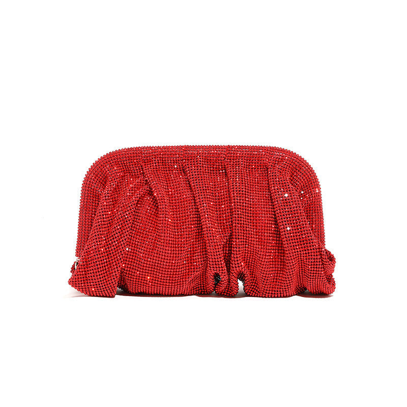 High Grade Diamond Studded by Hand Clutch Pleated Chain Rhinestone Cloud Clip Dinner Bag One Shoulder Crossbody Bag
