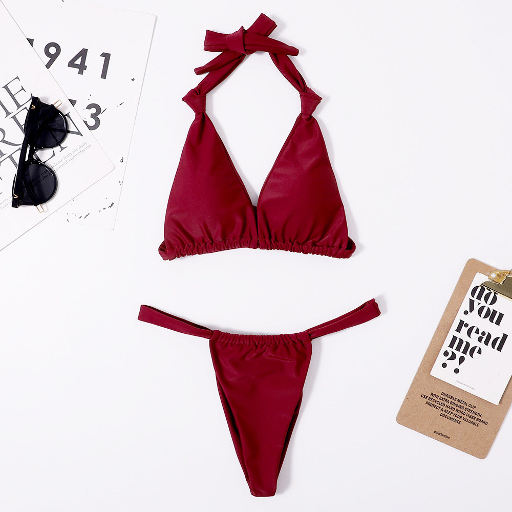 Nylon Double Sided Women Split Solid Color Sexy Bikini Halter Lace Up Triangle Bikini Swimsuit