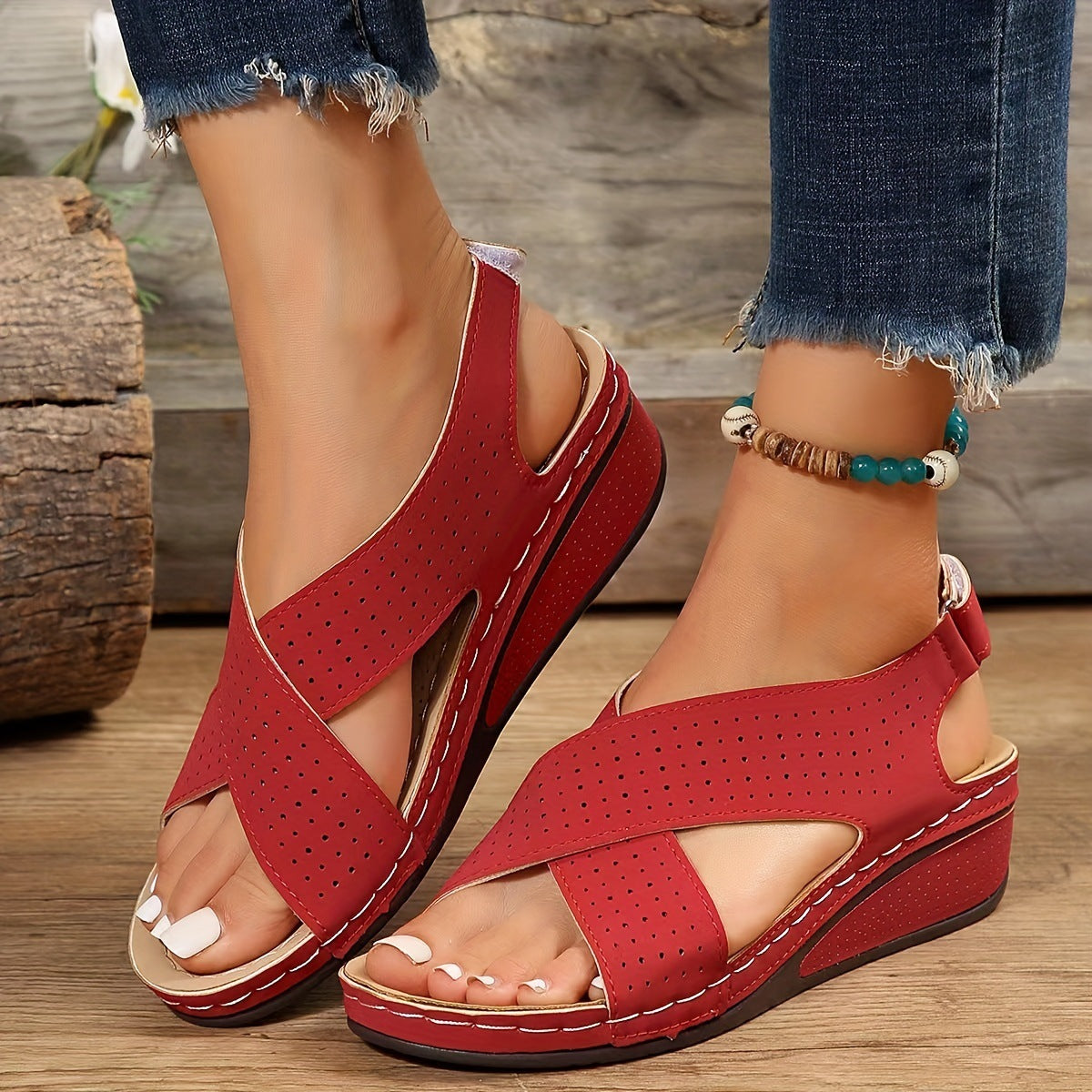 Hollow Out Cutout out Cross Strap Platform Sandals Women Velcro Solid Color Lightweight Wedge Beach Sandals